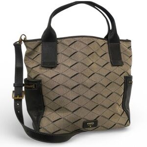 Fossil Emerson Satchel Bag Canvas Leather Tote Gold/Tan Black